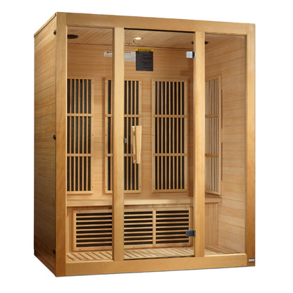 Maxxus Bellevue 3 Person Far Infrared Sauna featuring a wooden exterior and glass doors, designed for relaxation and wellness.