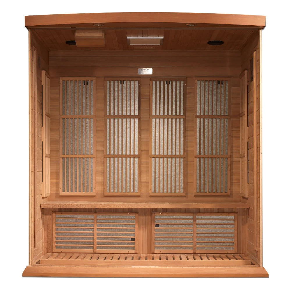 Interior view of the Maxxus MX-K406-01 Far Infrared Sauna showcasing wooden paneling and heating elements.