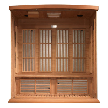 Interior view of the Maxxus MX-K406-01 Far Infrared Sauna showcasing wooden paneling and heating elements.