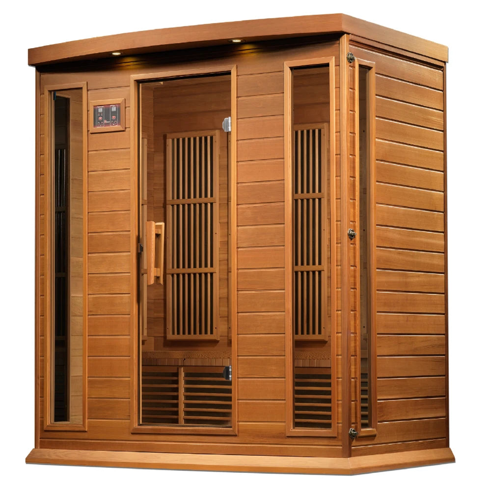 Maxxus MX-K406-01 Far Infrared Sauna featuring a wooden structure with glass doors and slatted design.