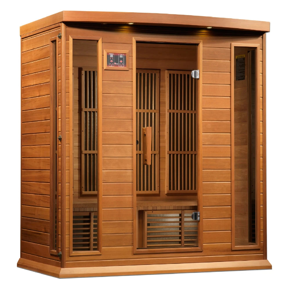 Maxxus MX-K406-01 Far Infrared Sauna featuring a wooden exterior with multiple glass panels and control panel.