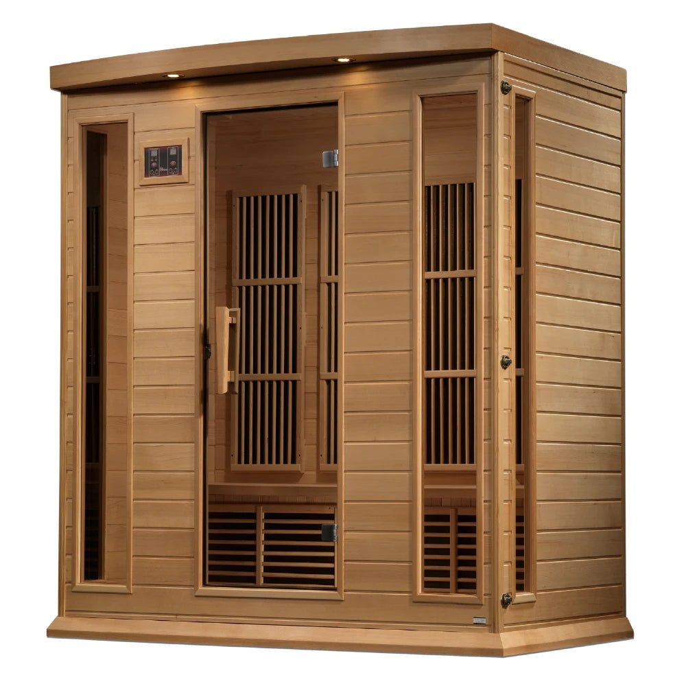Maxxus MX-K406-01 Far Infrared Sauna, a wooden sauna with multiple glass panels and ventilation, designed for relaxation and wellness.