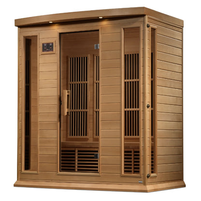 Maxxus MX-K406-01 Far Infrared Sauna, a wooden sauna with multiple glass panels and ventilation, designed for relaxation and wellness.