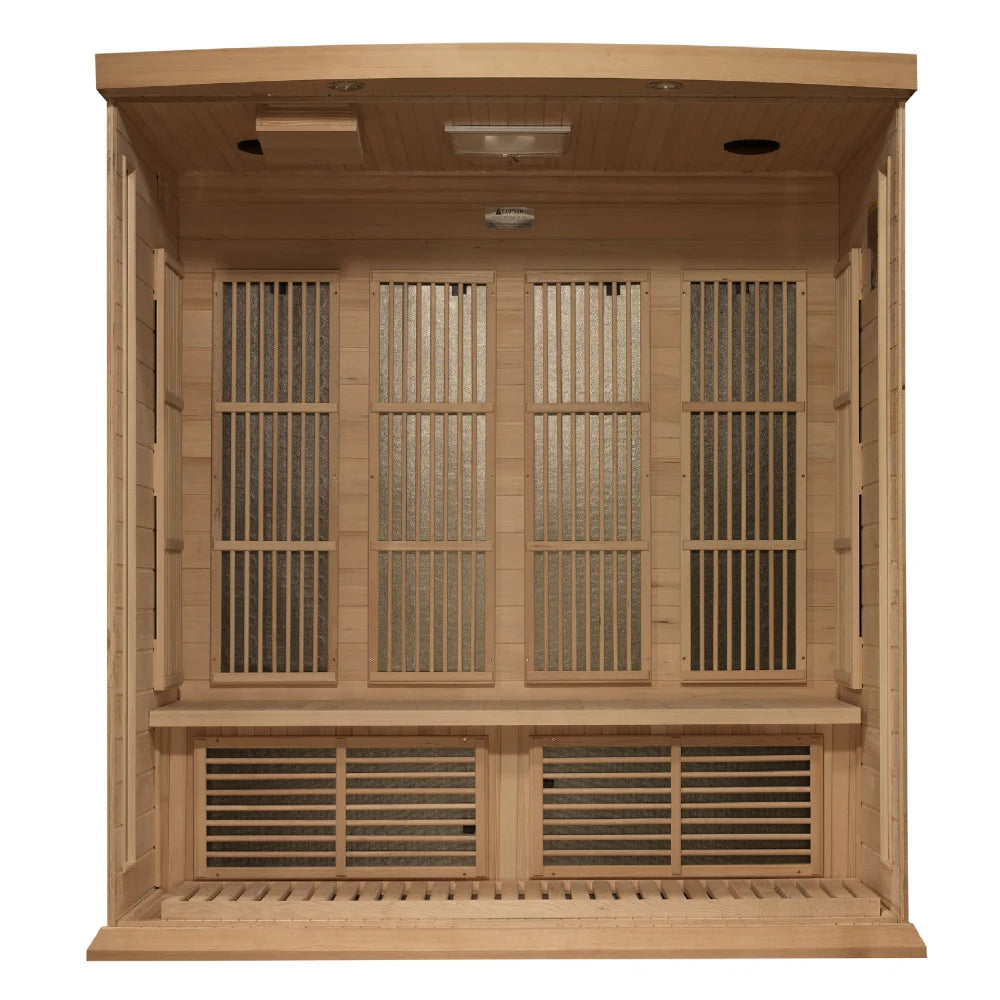 Interior view of the Maxxus MX-K406-01 Far Infrared Sauna featuring wooden paneling, glass elements, and a bench for seating.