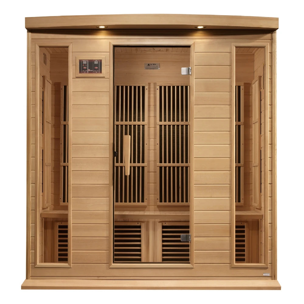 Maxxus MX-K406-01 Far Infrared Sauna featuring a wooden structure with large glass doors and interior seating.