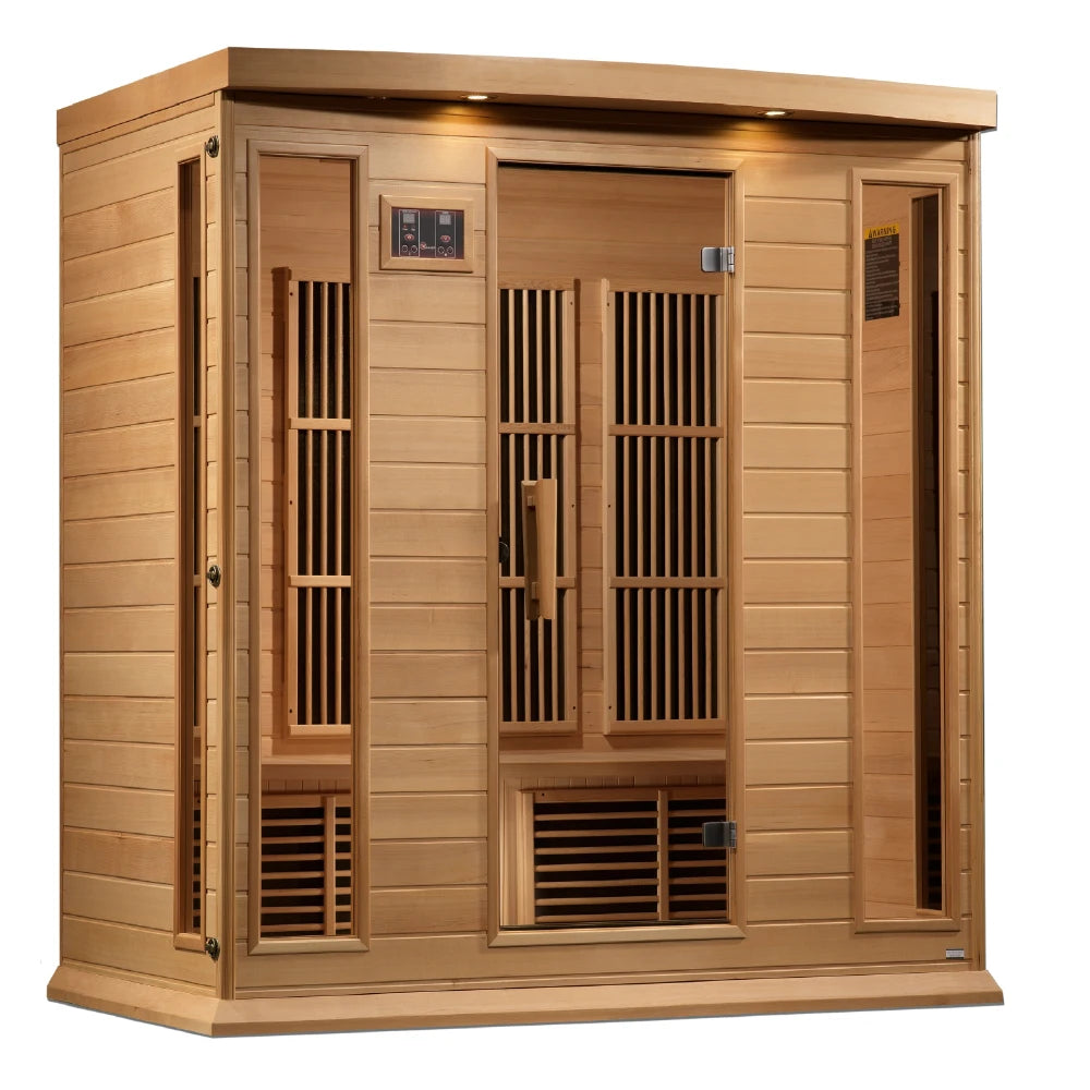 Maxxus MX-K406-01 Far Infrared Sauna featuring a wooden exterior, multiple glass panels, and a control panel on the front.