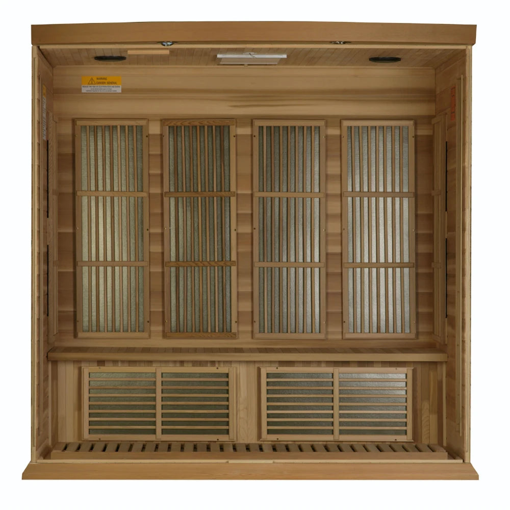 Interior view of the Maxxus MX-K406-01 Far Infrared Sauna, featuring wooden paneling and multiple heating elements.