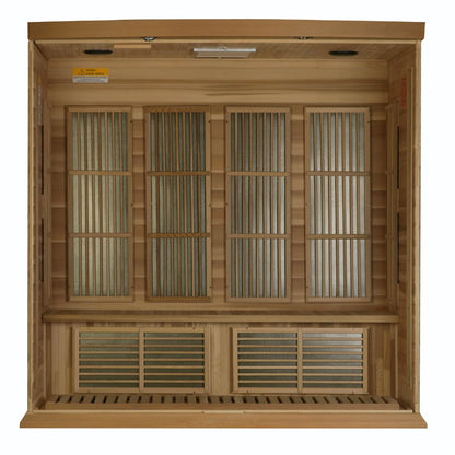 Interior view of the Maxxus MX-K406-01 Far Infrared Sauna, featuring wooden paneling and multiple heating elements.