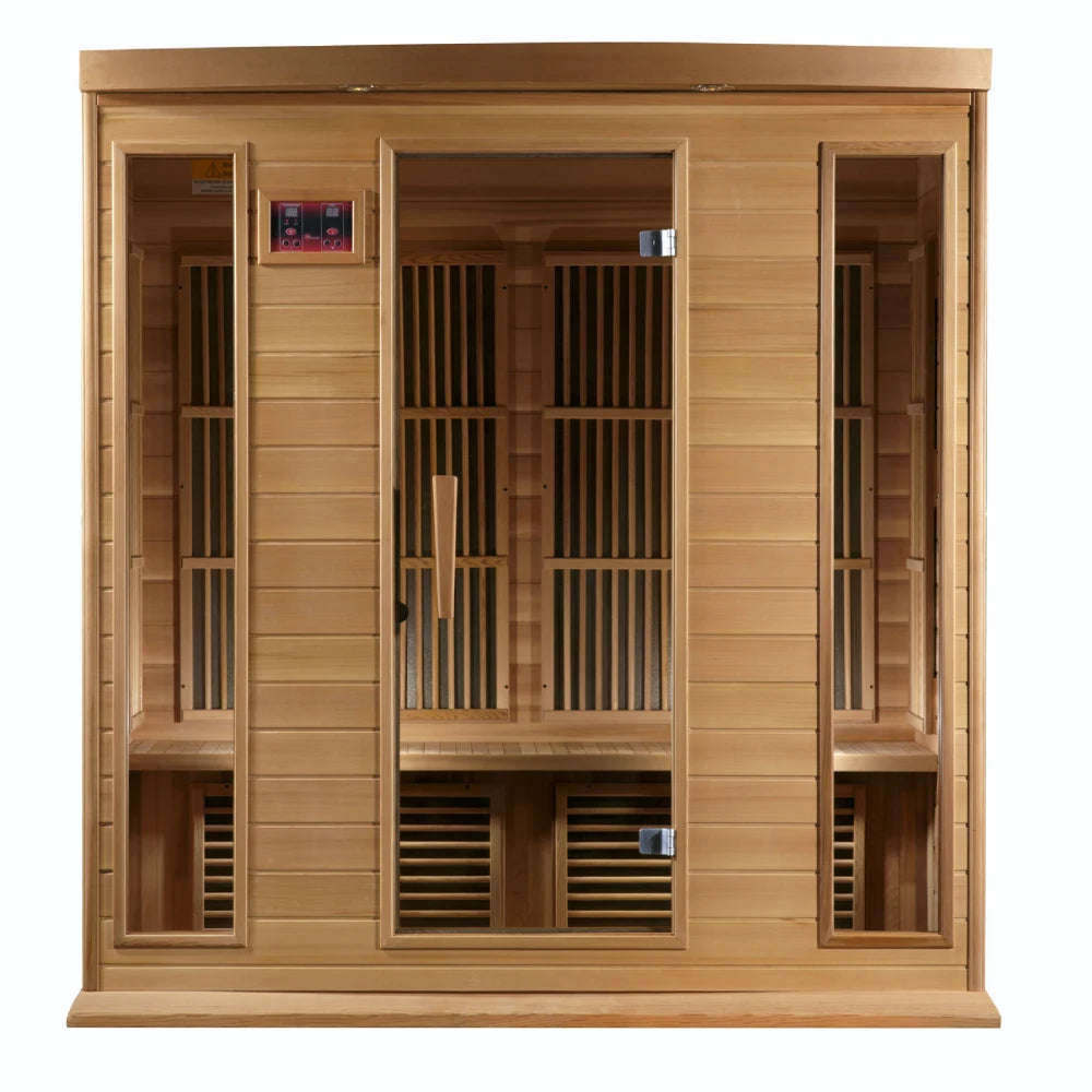 Maxxus MX-K406-01 Far Infrared Sauna featuring a wooden exterior with multiple glass panels and a control panel.
