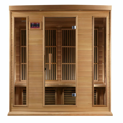 Maxxus MX-K406-01 Far Infrared Sauna featuring a wooden exterior with multiple glass panels and a control panel.