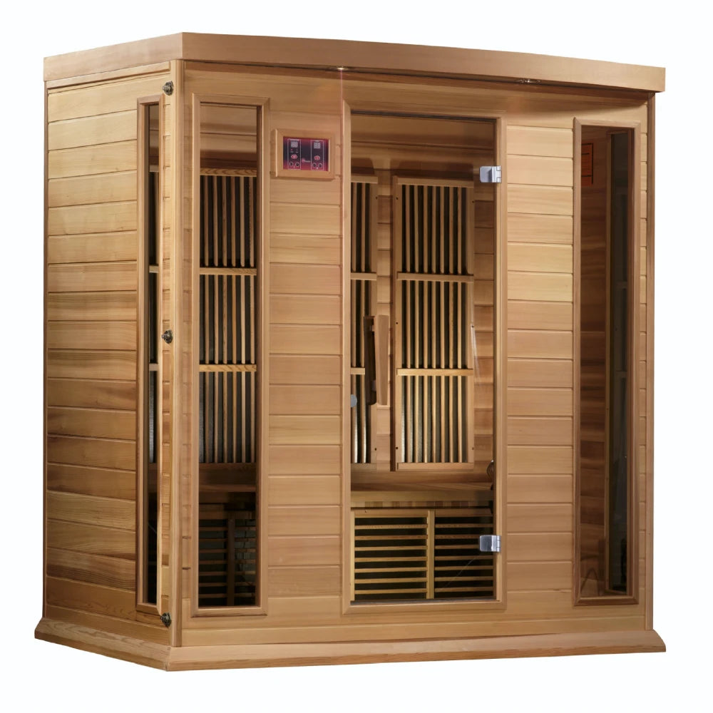 Maxxus MX-K406-01 Far Infrared Sauna featuring a wooden exterior and multiple glass doors, showcasing the interior seating and heating elements.