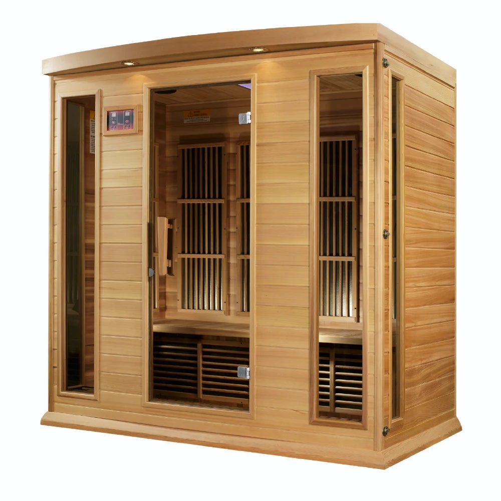 Maxxus MX-K406-01 Far Infrared Sauna, showcasing a wooden exterior with glass doors and interior benches, designed for relaxation and wellness.