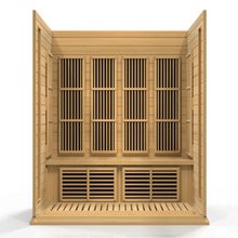 Interior view of the Maxxus MX-K406-01 Far Infrared Sauna featuring wooden paneling and slatted benches.