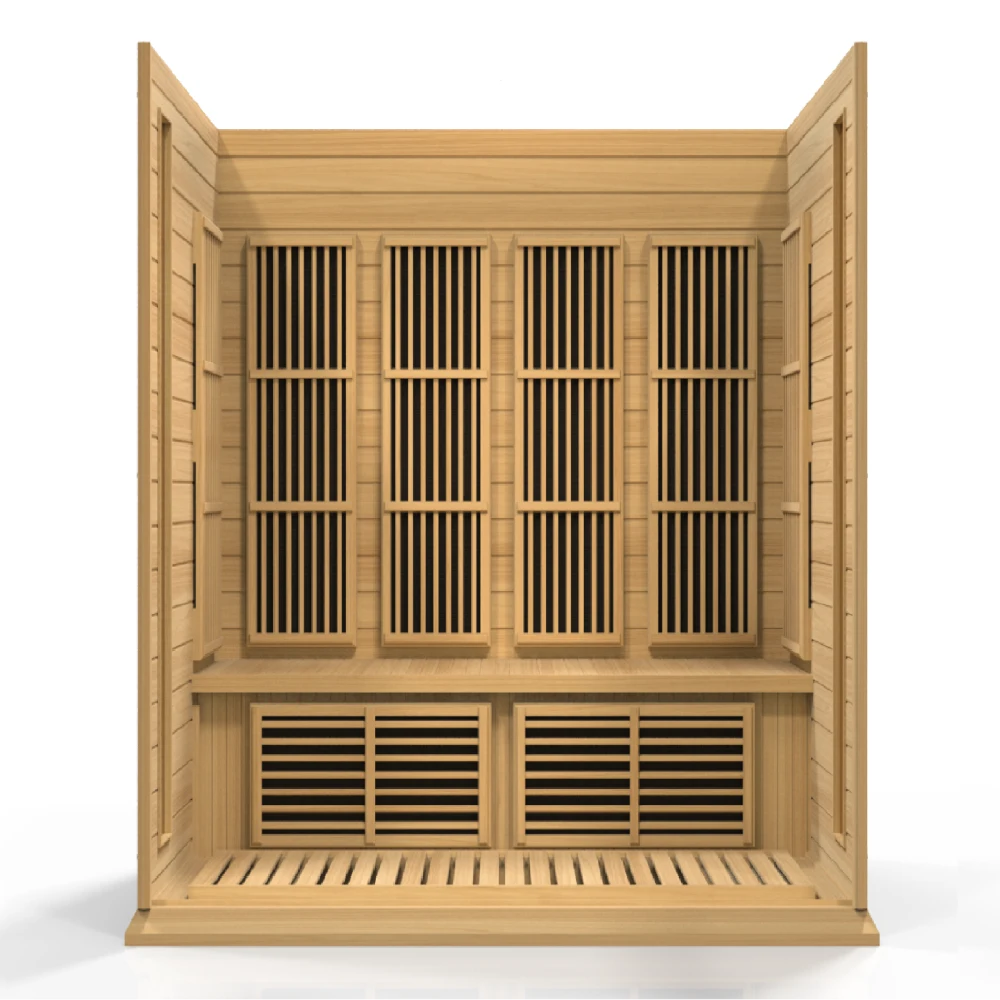 Interior view of the Maxxus MX-K406-01 Far Infrared Sauna featuring wooden paneling and slatted benches.