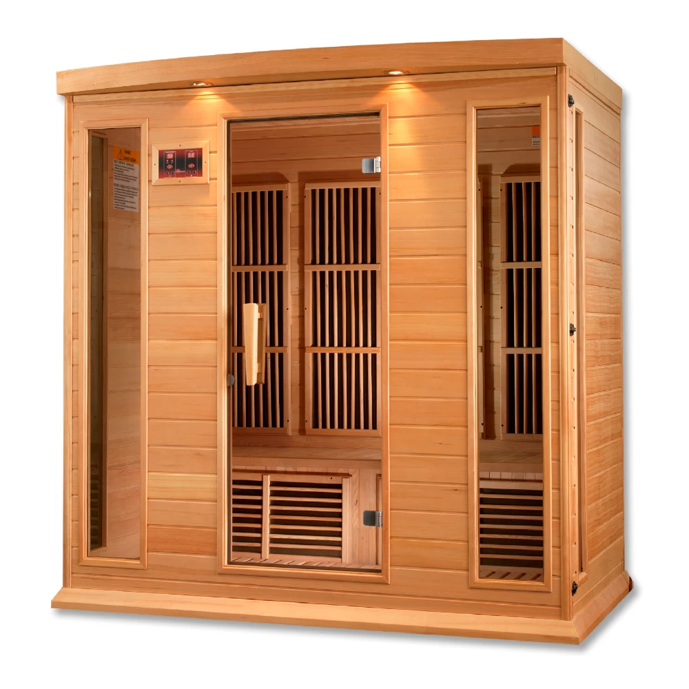 Maxxus MX-K406-01 Far Infrared Sauna featuring a wooden exterior, large glass doors, and interior wooden slats.