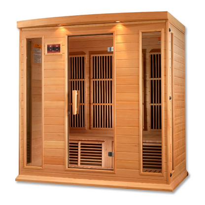 Maxxus MX-K406-01 Far Infrared Sauna featuring a wooden exterior, large glass doors, and interior wooden slats.