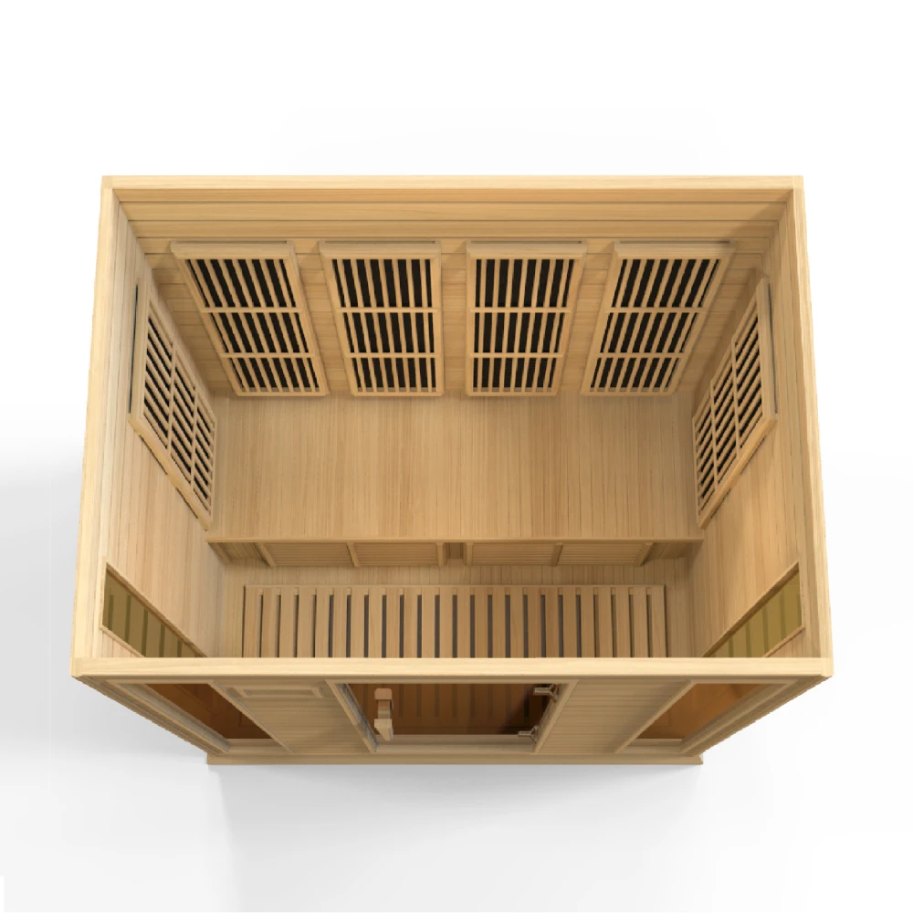 Top view of the Maxxus MX-K406-01 Far Infrared Sauna, showcasing its wooden interior, bench seating, and ventilation panels.