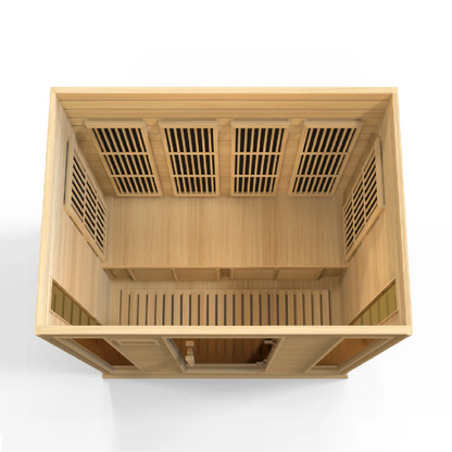 Top view of the Maxxus MX-K406-01 Far Infrared Sauna, showcasing its wooden interior, bench seating, and ventilation panels.