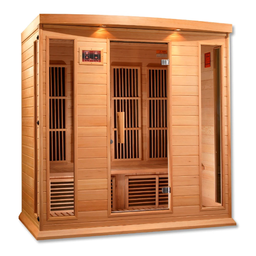 Maxxus MX-K406-01 Far Infrared Sauna featuring a wooden exterior and multiple glass panels, showcasing the interior seating and control panel.