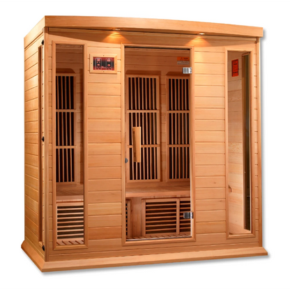 Maxxus MX-K406-01 Far Infrared Sauna featuring a wooden exterior and multiple glass panels, showcasing the interior seating and control panel.