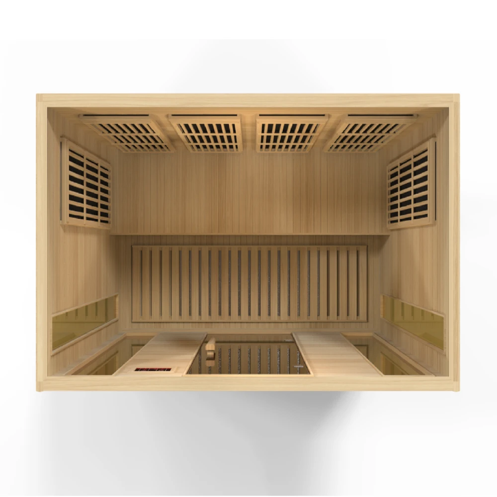 Interior view of the Maxxus MX-K406-01 Far Infrared Sauna, showcasing wooden benches and paneling.