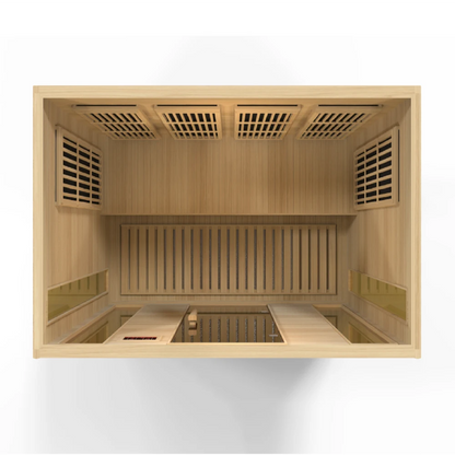 Interior view of the Maxxus MX-K406-01 Far Infrared Sauna, showcasing wooden benches and paneling.