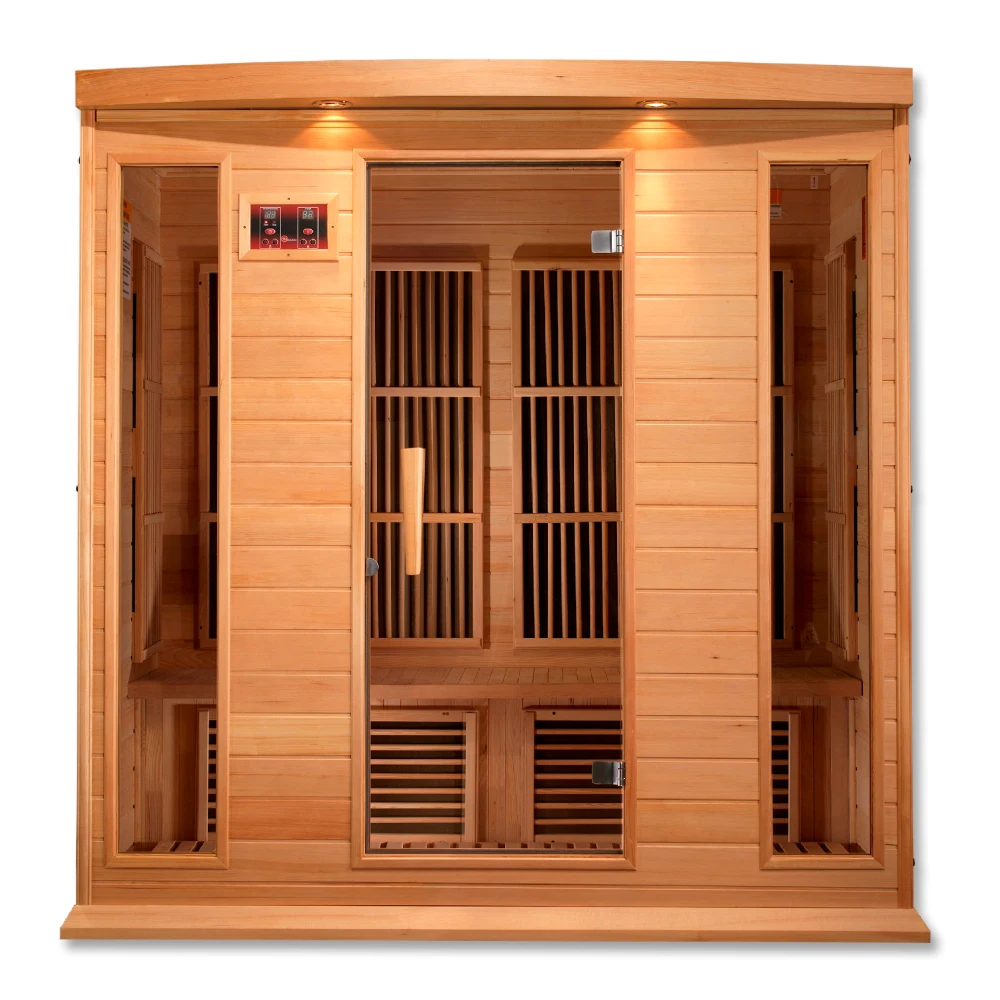 Maxxus MX-K406-01 Far Infrared Sauna with wooden construction and glass doors, showcasing the interior seating and heating elements.