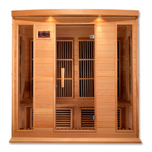 Maxxus MX-K406-01 Far Infrared Sauna with wooden construction and glass doors, showcasing the interior seating and heating elements.
