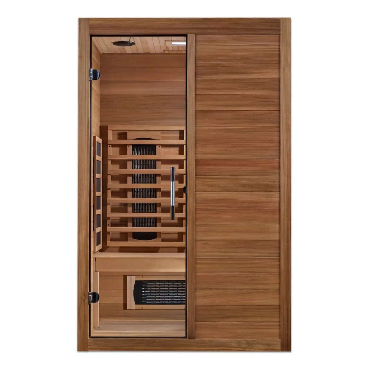 Two-person wooden infrared sauna with glass door and seating inside.