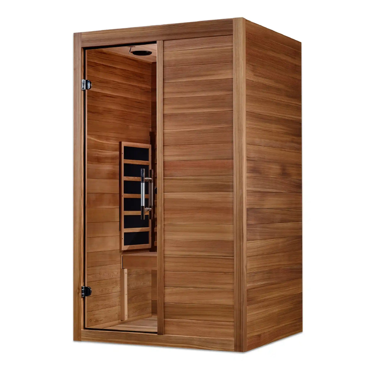 Two-person infrared sauna with wooden panels and glass door.