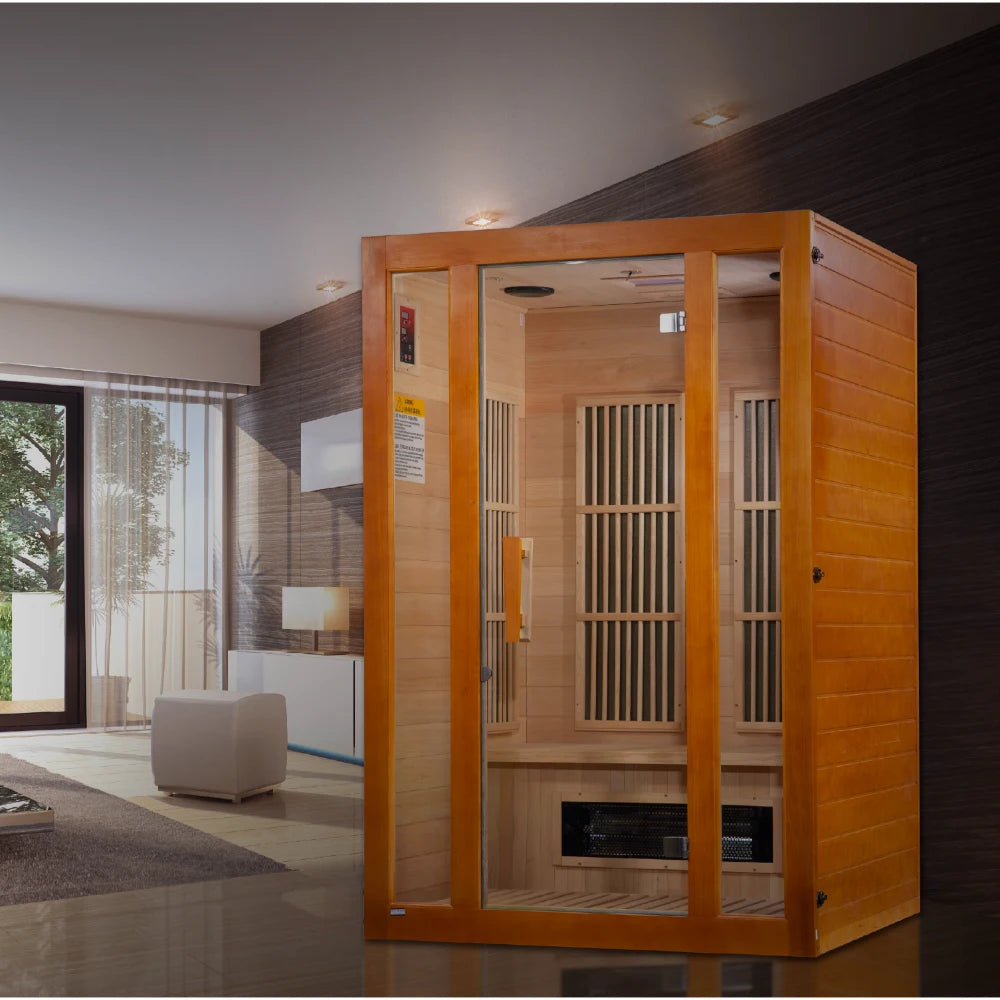 Maxxus Seattle 2 Person Far Infrared Sauna displayed in a modern living space with large windows and contemporary decor.