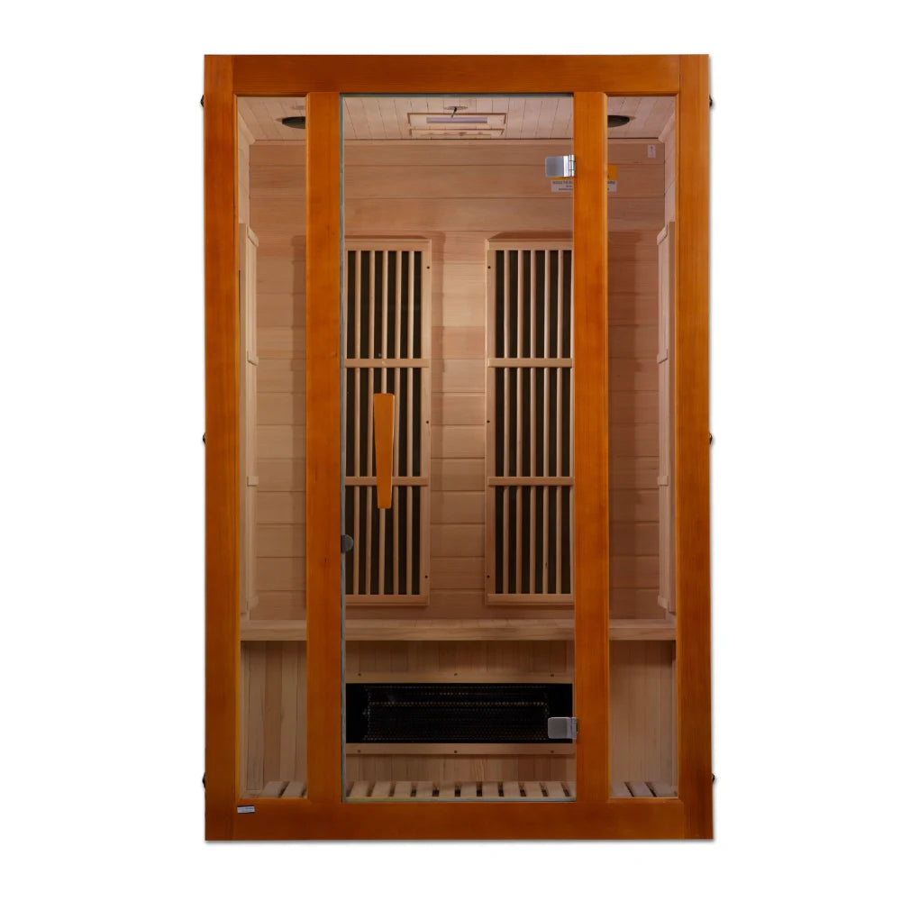 Maxxus Seattle 2 Person Far Infrared Sauna featuring a wooden frame and glass doors, showcasing the interior with seating and heating elements.