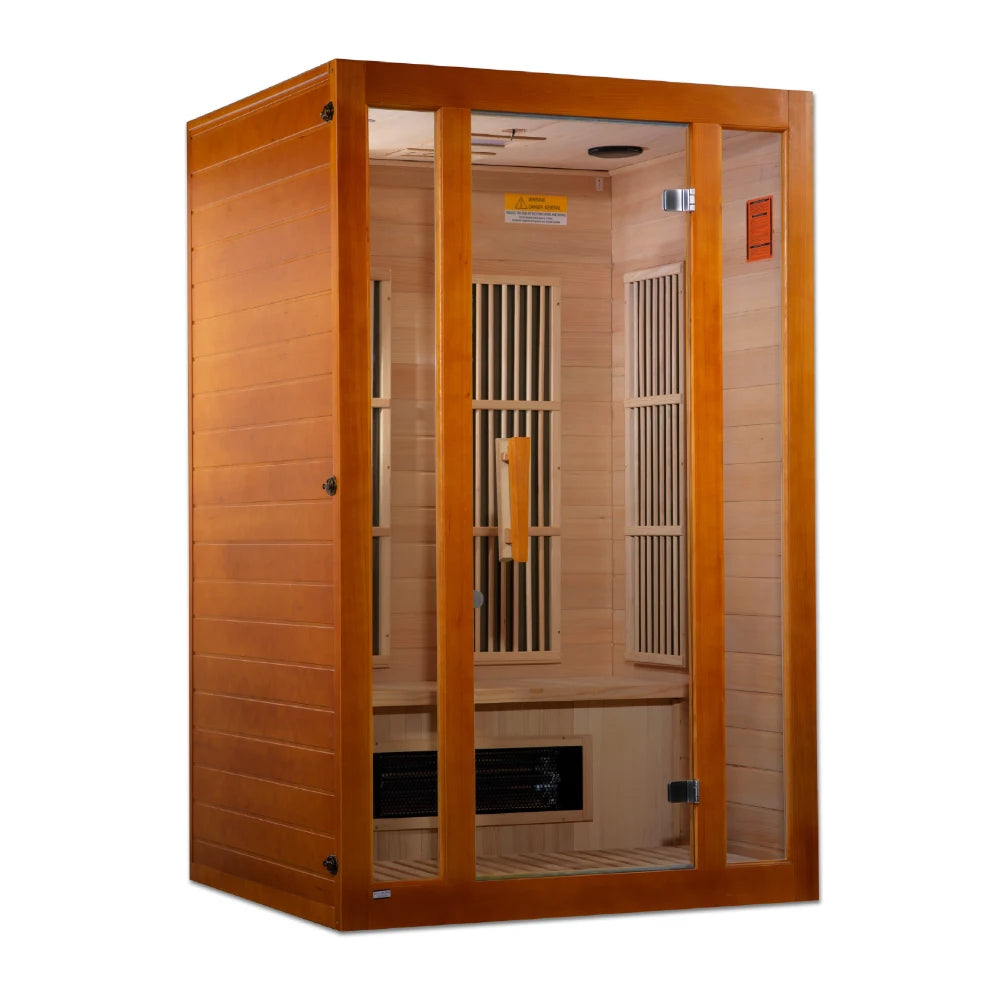 Maxxus Seattle 2 Person Far Infrared Sauna featuring a wooden exterior and glass door, showcasing the interior design with seating and heating elements.