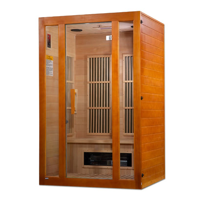 Maxxus Seattle 2 Person Far Infrared Sauna with wooden exterior and glass doors, featuring interior seating and heating elements.
