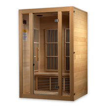Maxxus Seattle 2 Person Far Infrared Sauna featuring a wooden exterior, glass doors, and interior seating with slatted design.
