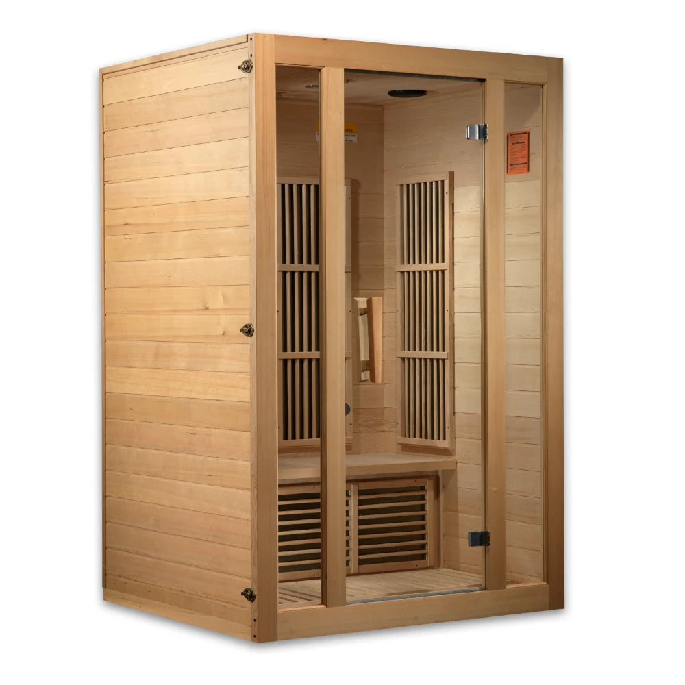 Maxxus Seattle 2 Person Far Infrared Sauna with wooden exterior and glass front panels.
