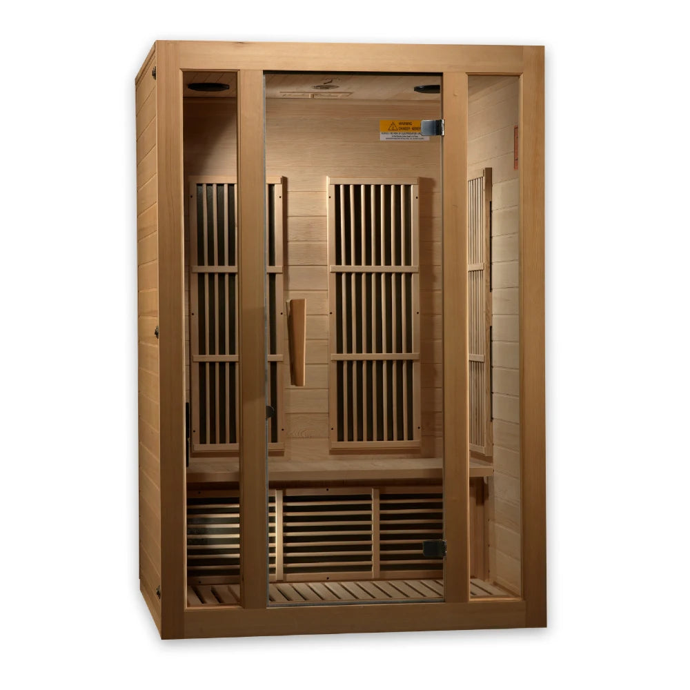 Maxxus Seattle 2 Person Far Infrared Sauna featuring a wooden structure with glass doors and slatted interior design.