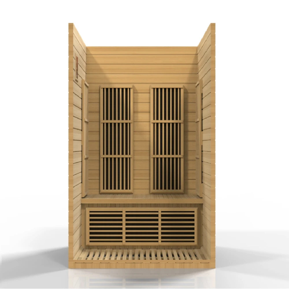 Maxxus Seattle 2 Person Far Infrared Sauna, showcasing a spacious wooden interior with slatted benches and ventilation panels.