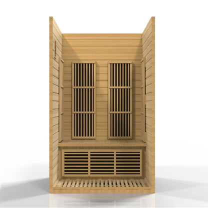 Maxxus Seattle 2 Person Far Infrared Sauna, showcasing a spacious wooden interior with slatted benches and ventilation panels.