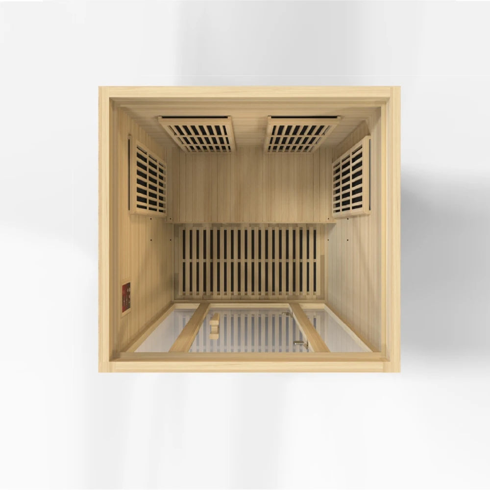 Interior view of the Maxxus Seattle 2 Person Far Infrared Sauna showcasing wooden paneling and seating arrangement.