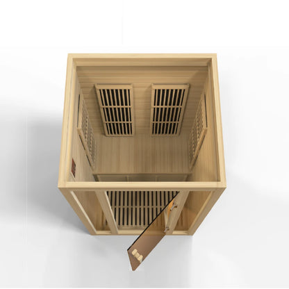 Top view of the Maxxus Seattle 2 Person Far Infrared Sauna showcasing its wooden interior, benches, and glass door.