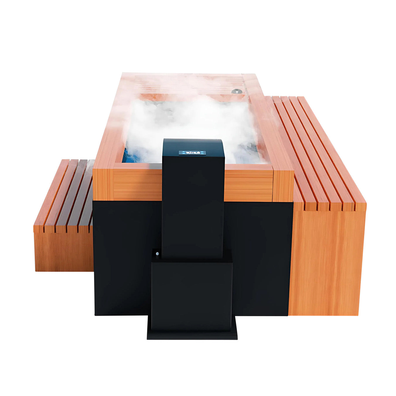 A modern hot tub with wooden panels and steam rising from the water, featuring a control panel on the front.