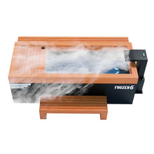 A modern ice bath with wooden accents and a sleek black design, emitting mist, accompanied by a small wooden bench.
