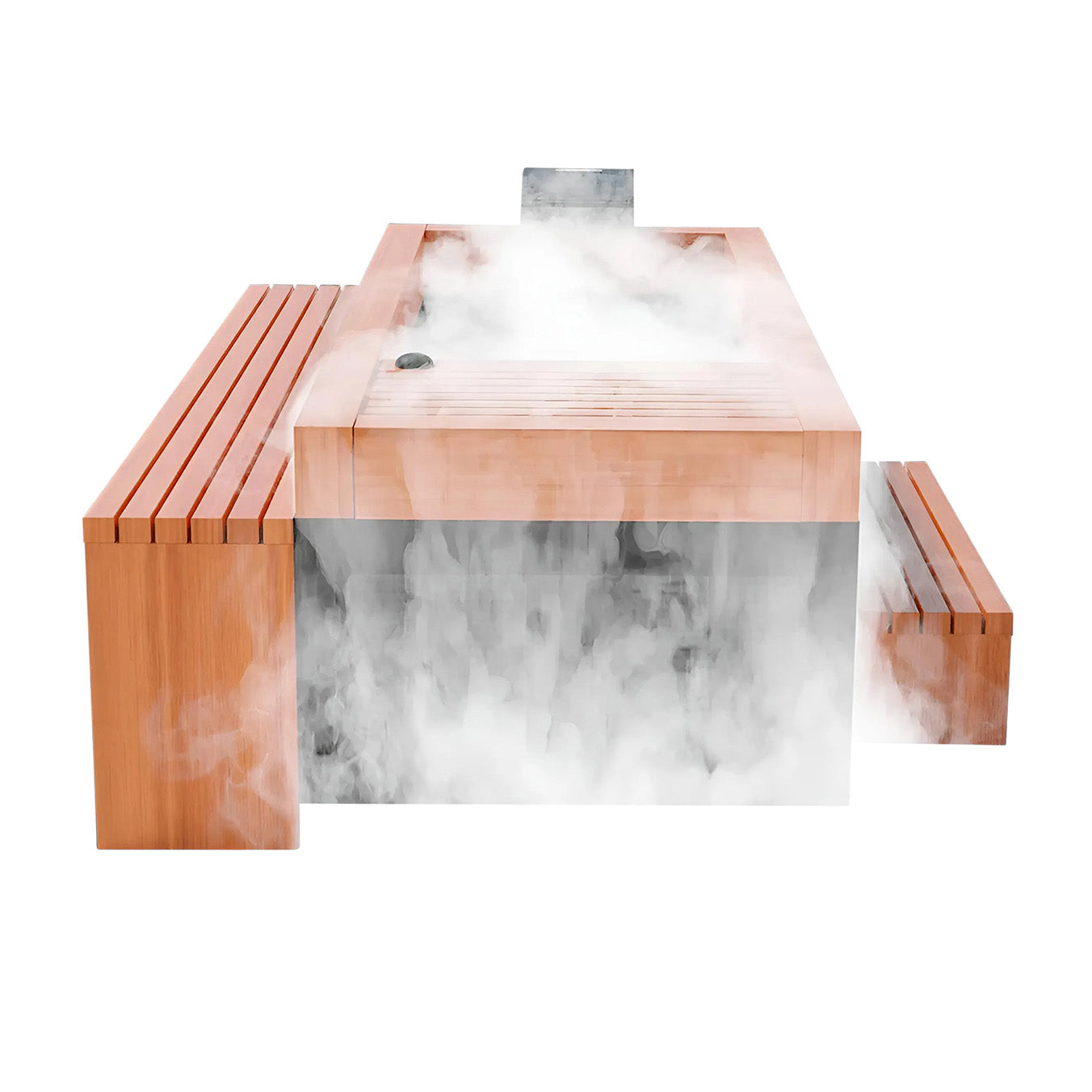 A wooden hot tub with steam rising from the water, accompanied by a wooden bench on the side, creating a relaxing and inviting atmosphere.