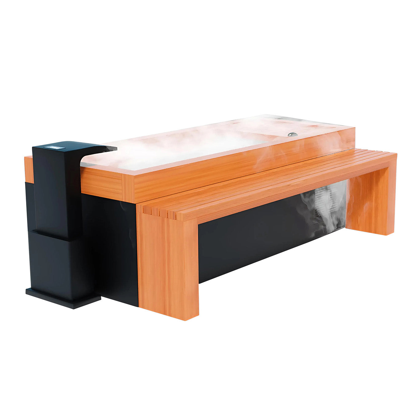 A modern wooden hot tub with a sleek black base, emitting steam, and featuring a bench for seating.