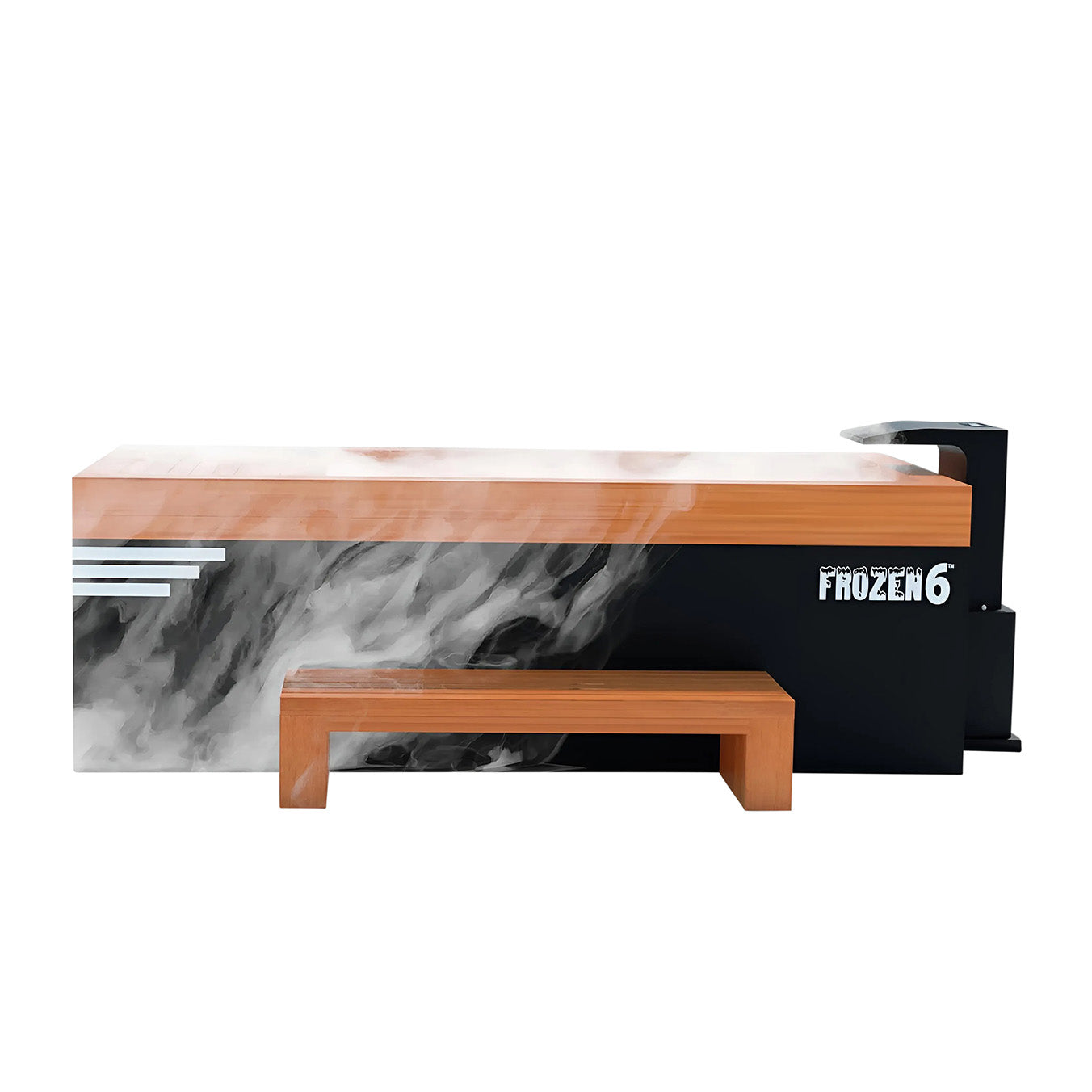 A modern, sleek table with a wooden top and black base featuring swirling gray patterns, accompanied by a matching bench, labeled with FROZEN6.