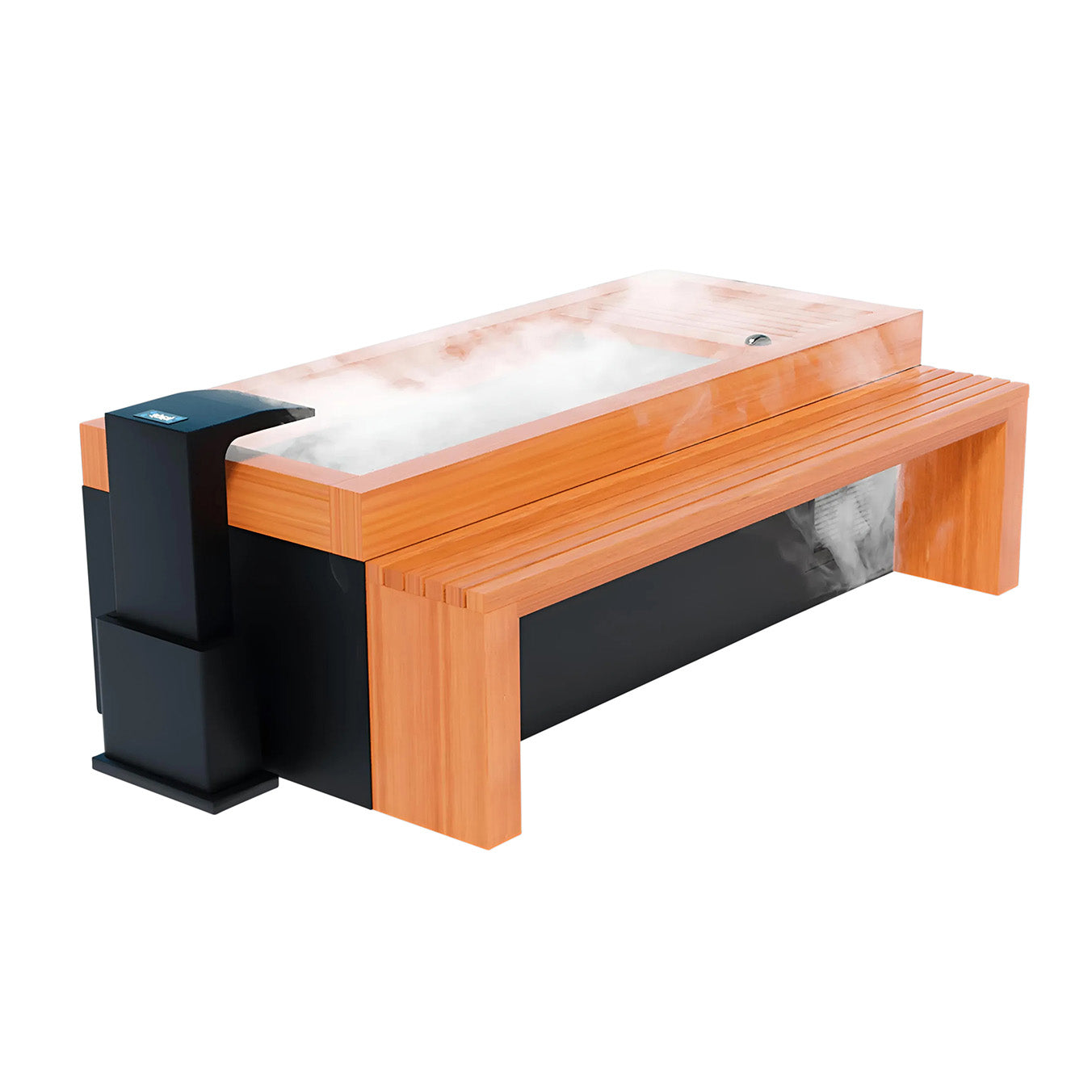 A modern wooden hot tub with a sleek black base, emitting steam from the water surface, showcasing a contemporary design suitable for relaxation.
