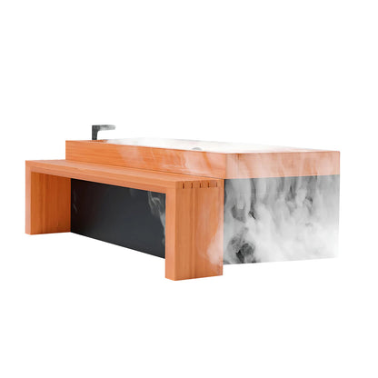 A modern bathtub made of wood and marble, featuring a sleek design with a wooden bench integrated into the structure, and a smooth, minimalist aesthetic.