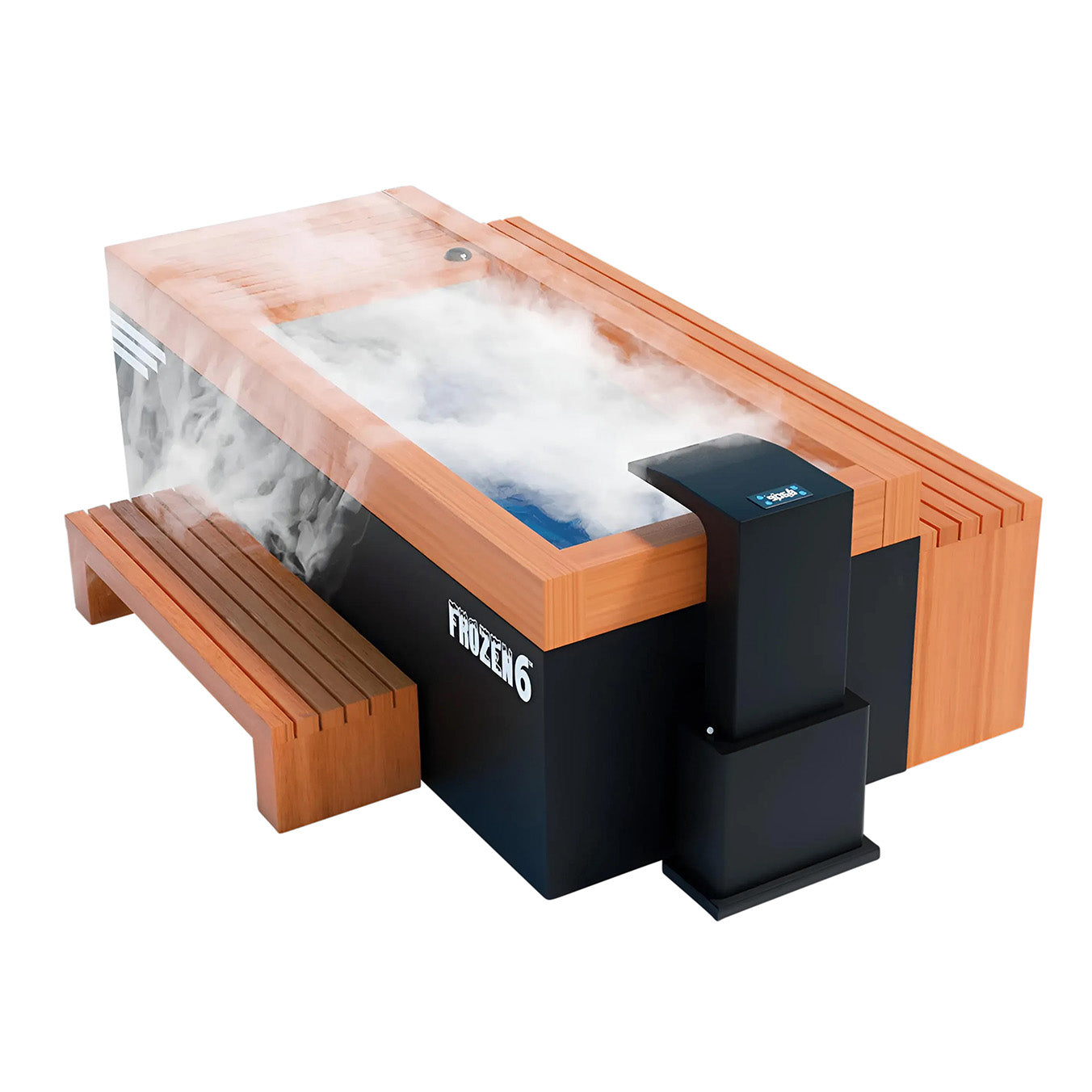 A modern outdoor hot tub with a wooden finish and a sleek black base, emitting steam. The tub features a blue water surface and a side bench for seating.