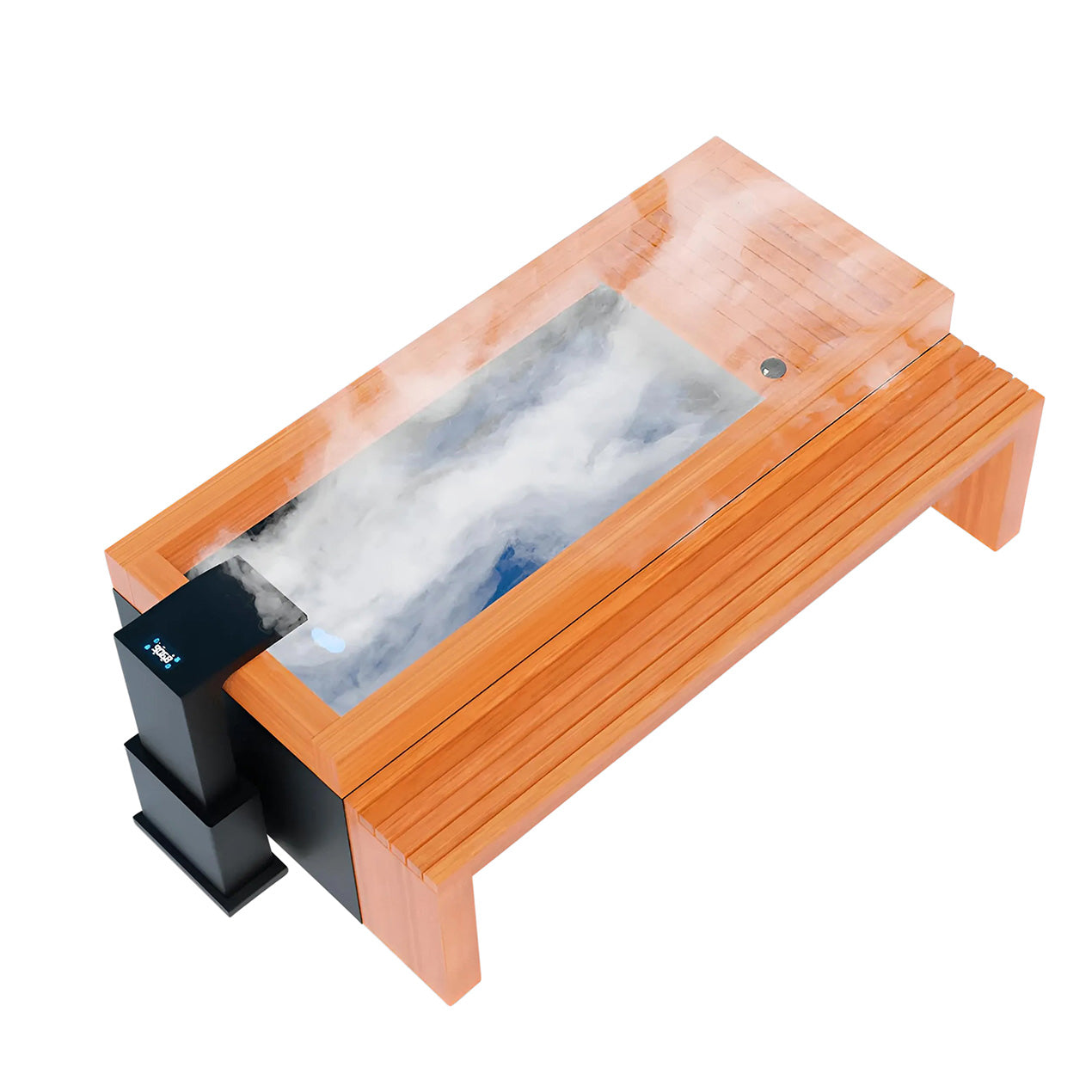 A modern wooden coffee table with a unique glass top featuring a cloudy design, showcasing a blend of blue and white colors, accompanied by a sleek black base.